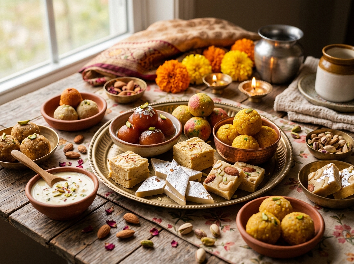 Traditional Indian sweets arranged for festival celebration