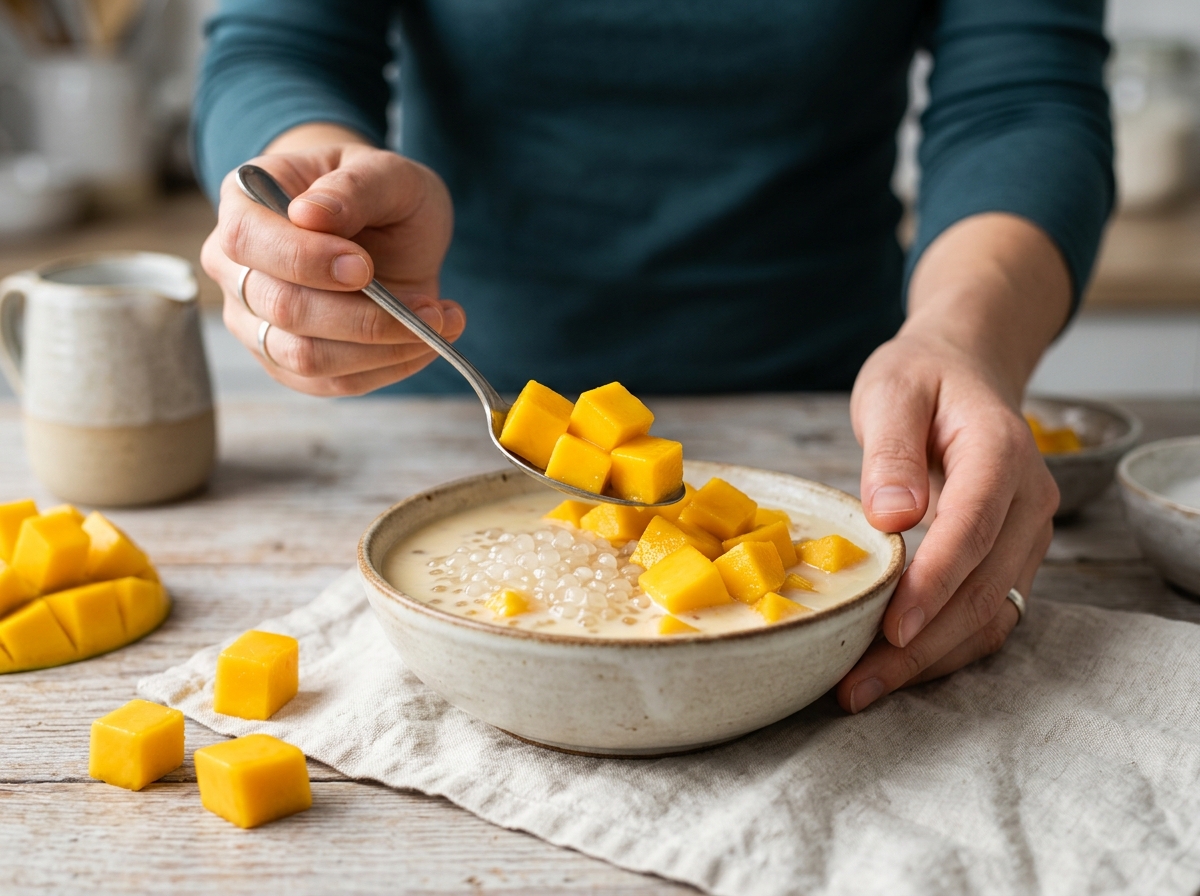 Cooked tapioca pearls draining in a colander after rinsing with cold water