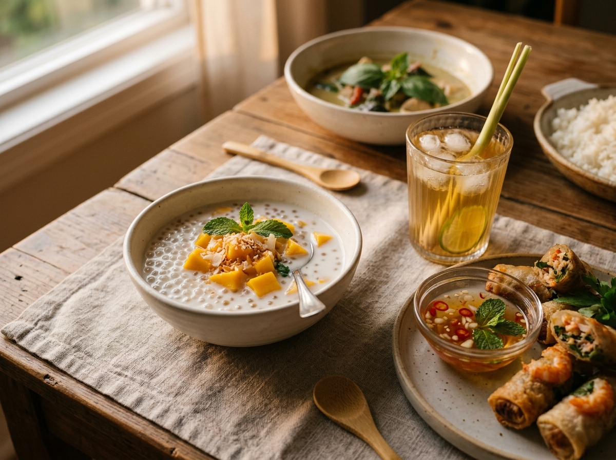 Mango sago in a glass cup garnished with mint and extra mango pieces