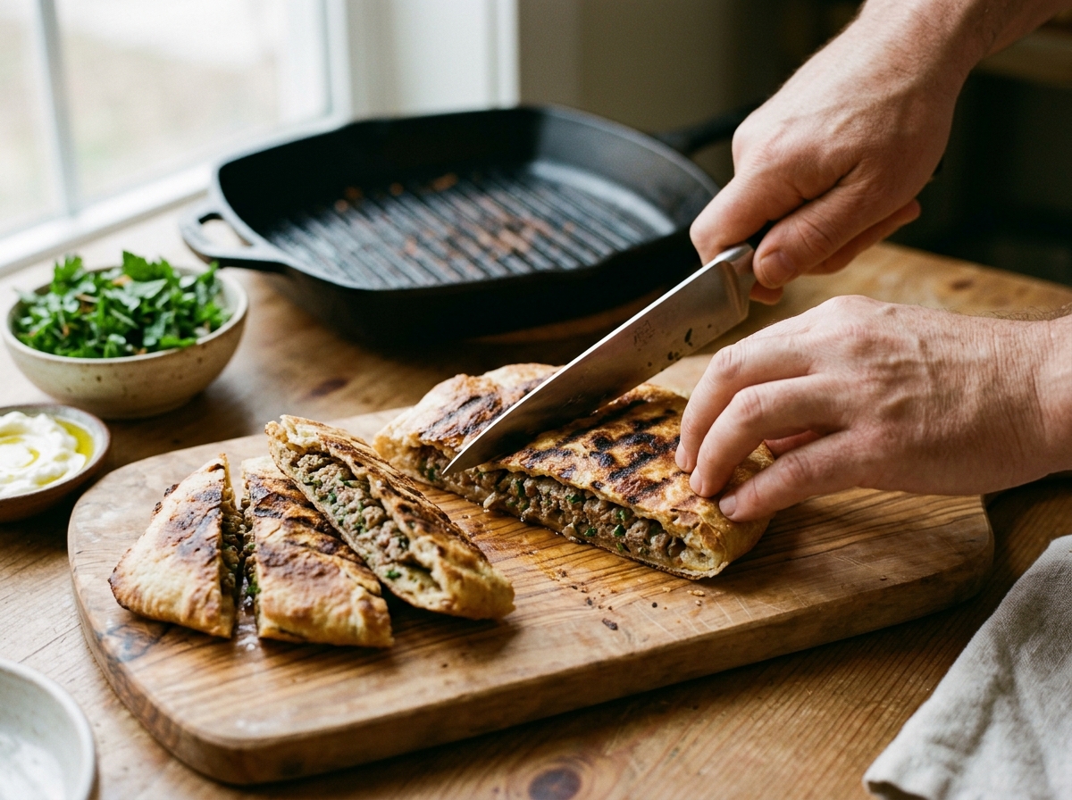 Arayes pressed flat in a grill pan, crisping to a deep golden brown.