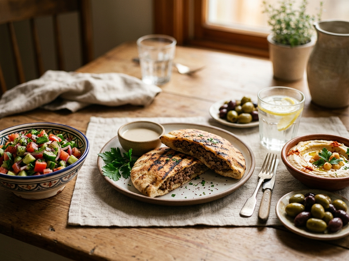 Arayes served with yogurt dip, fresh salad, and pickled vegetables.