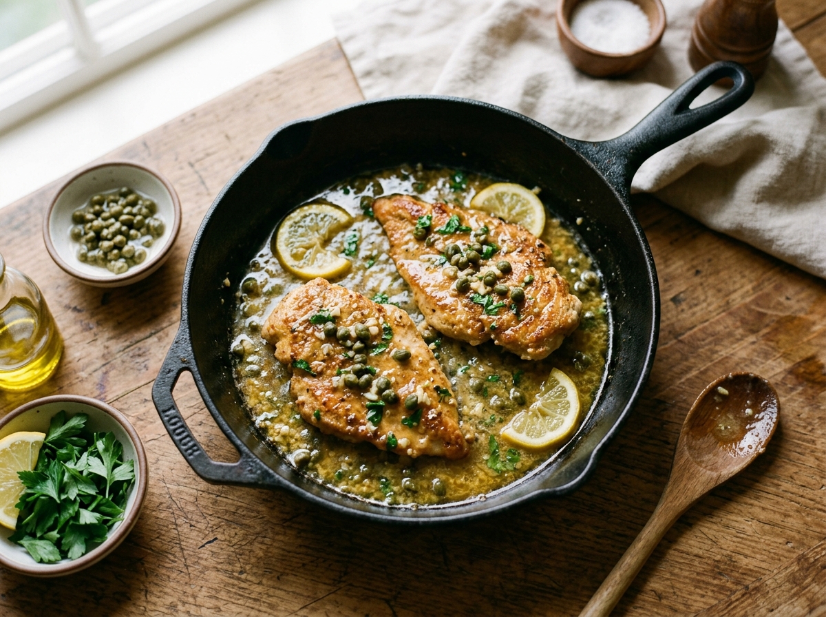Golden chicken piccata cutlets in a lemon caper cream sauce