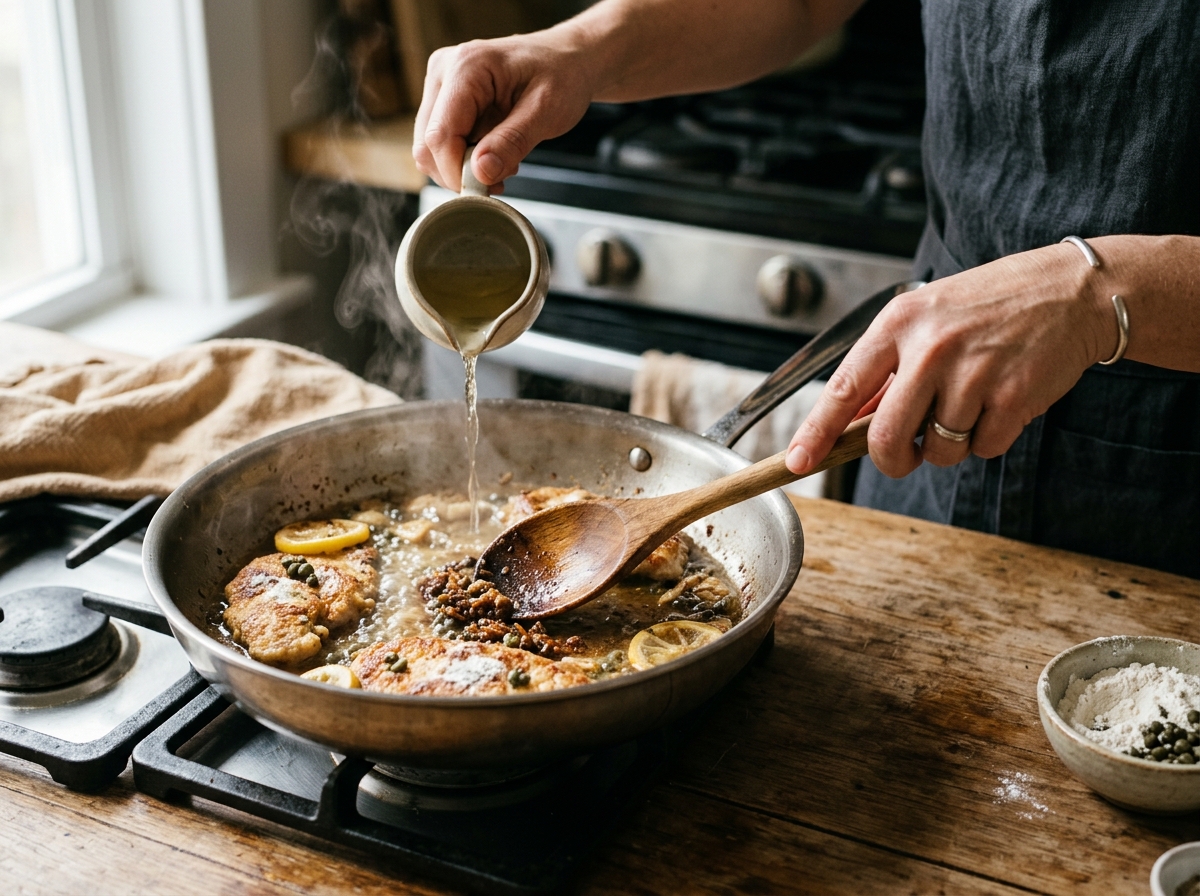 Deglazing the pan with lemon juice and chicken broth for piccata sauce