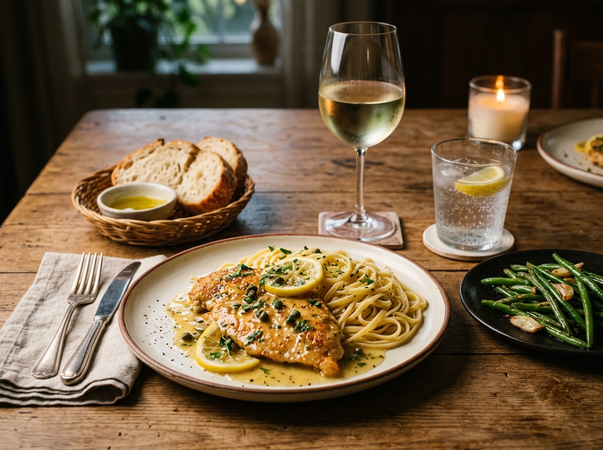 Chicken piccata served over angel hair pasta with a lemon wedge
