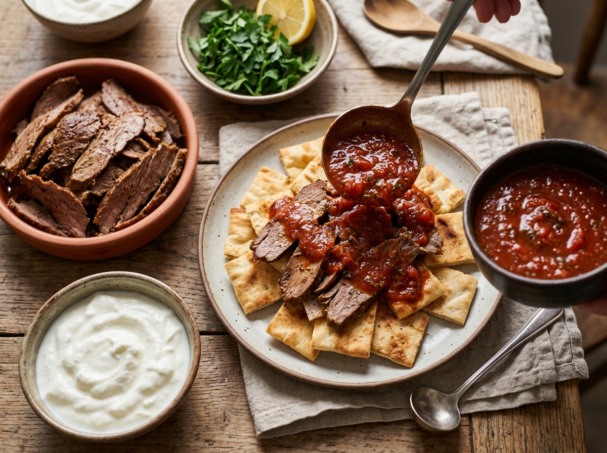 Golden pita squares topped with marinated lamb slices and rich tomato sauce