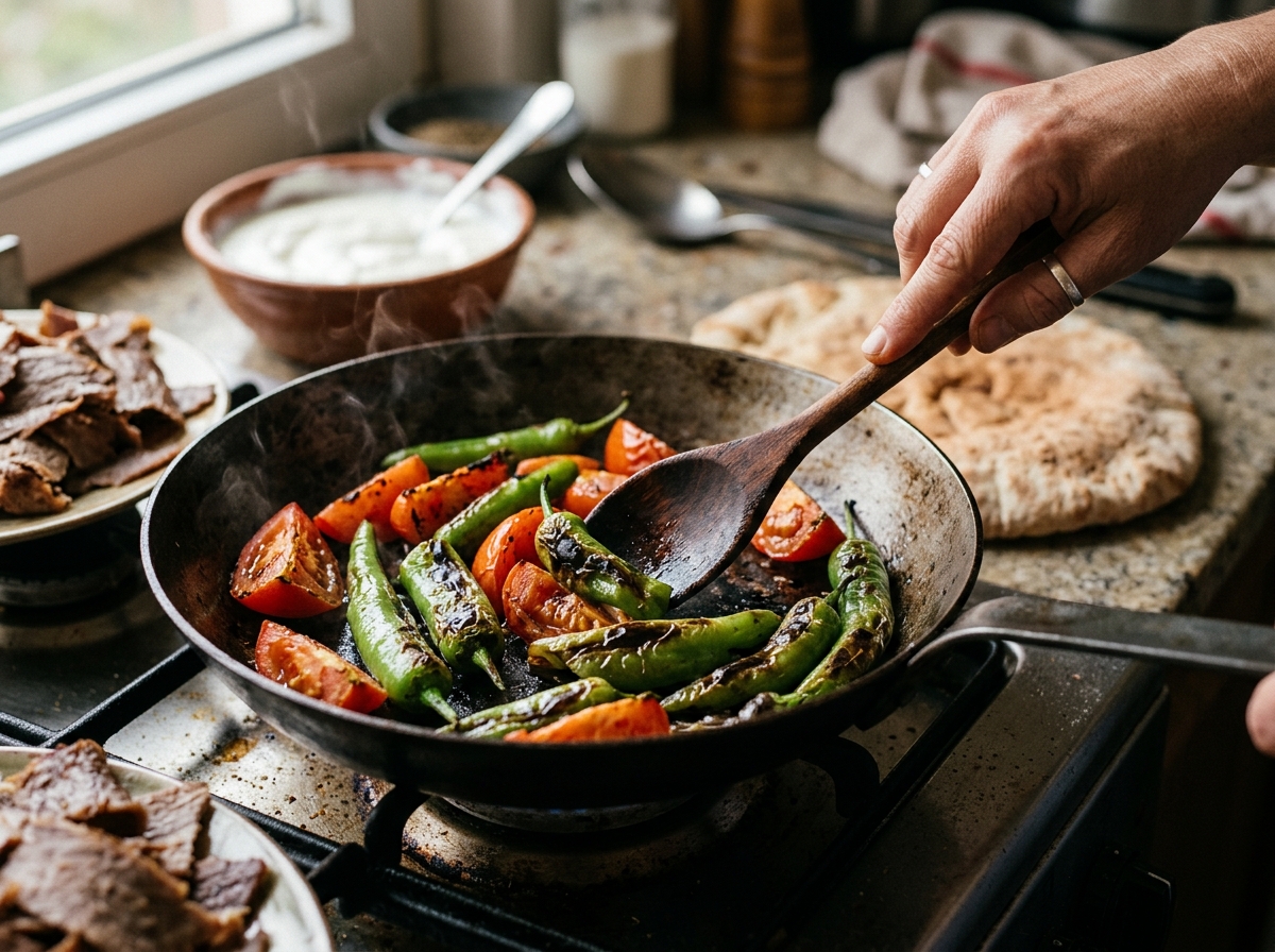 Thin-sliced lamb searing quickly in a hot cast-iron skillet