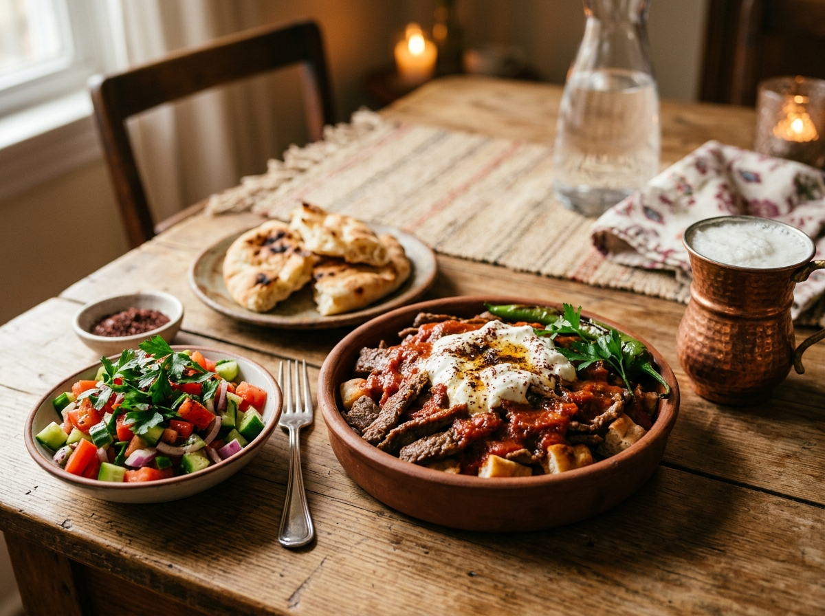 A plated Iskender Kebap with yoghurt, charred peppers, and tomato sauce