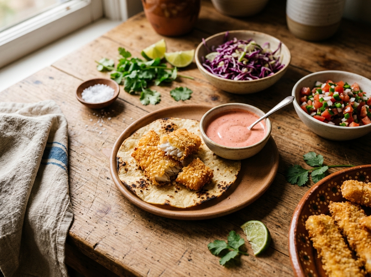 Golden panko-crusted mahi mahi strips ready for tacos