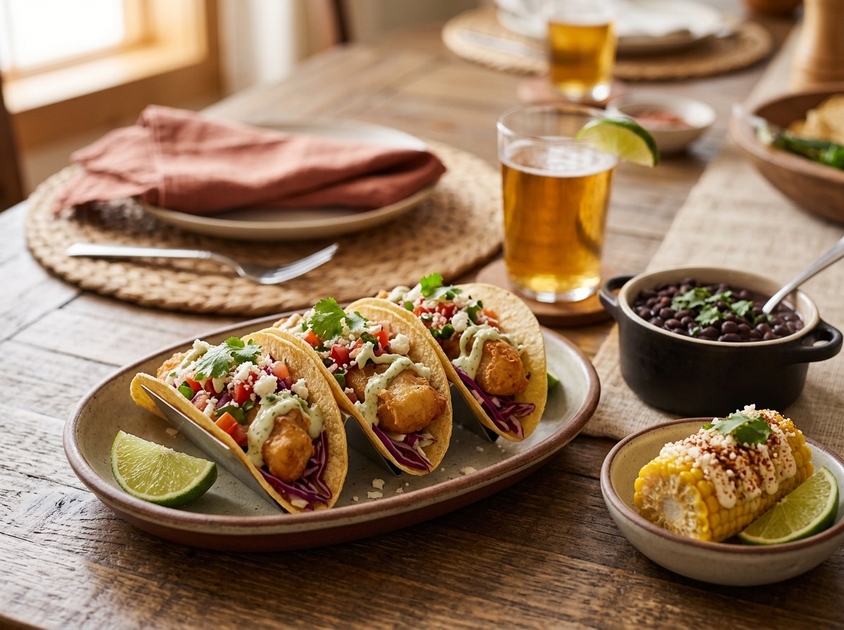 Fish taco spread laid out family-style with all the toppings