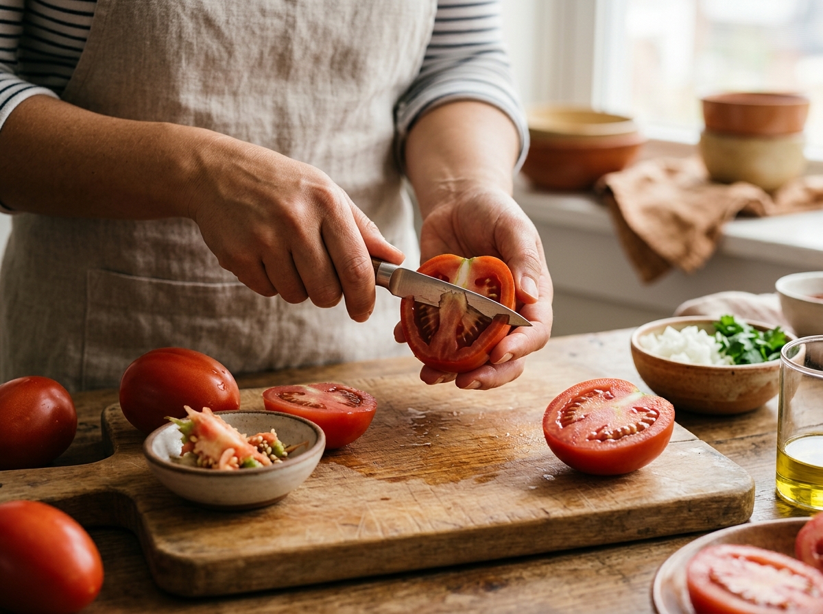 Pulsing fresh ingredients in a food processor for chunky texture