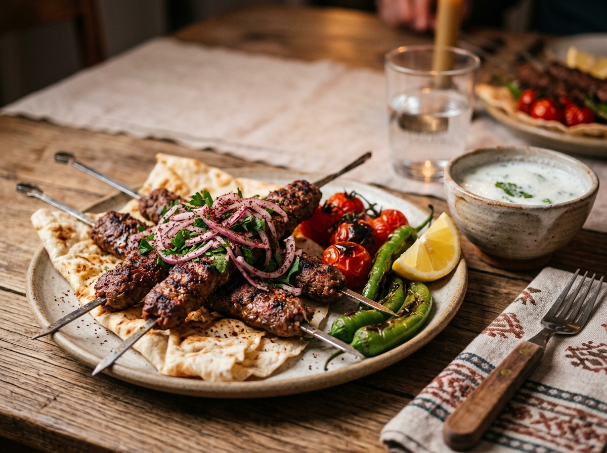 Grilled kebabs plated with flatbread, tomatoes, and herbs