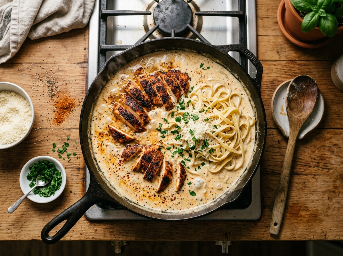 Sliced Cajun chicken resting atop creamy fettuccine Alfredo.