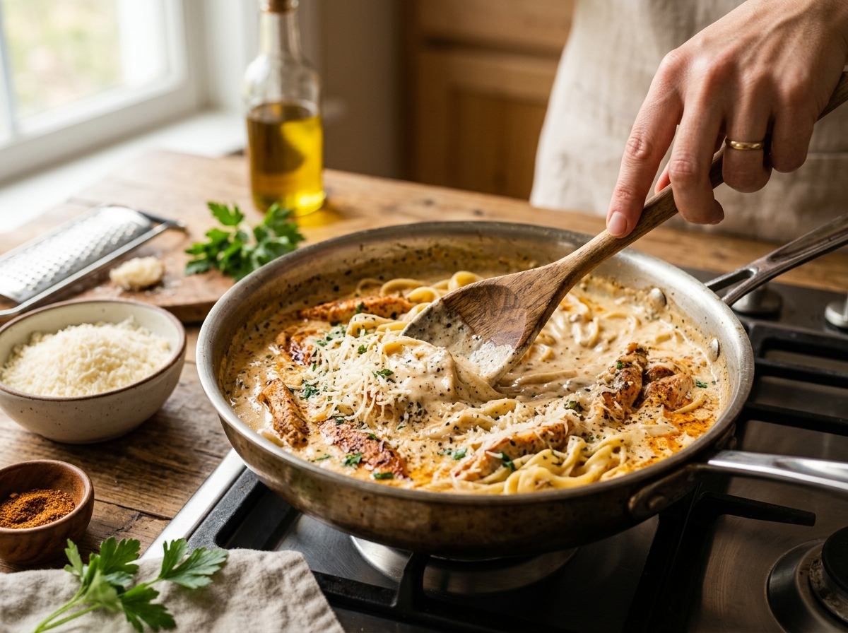 Garlic and butter sizzling in a skillet before adding cream.