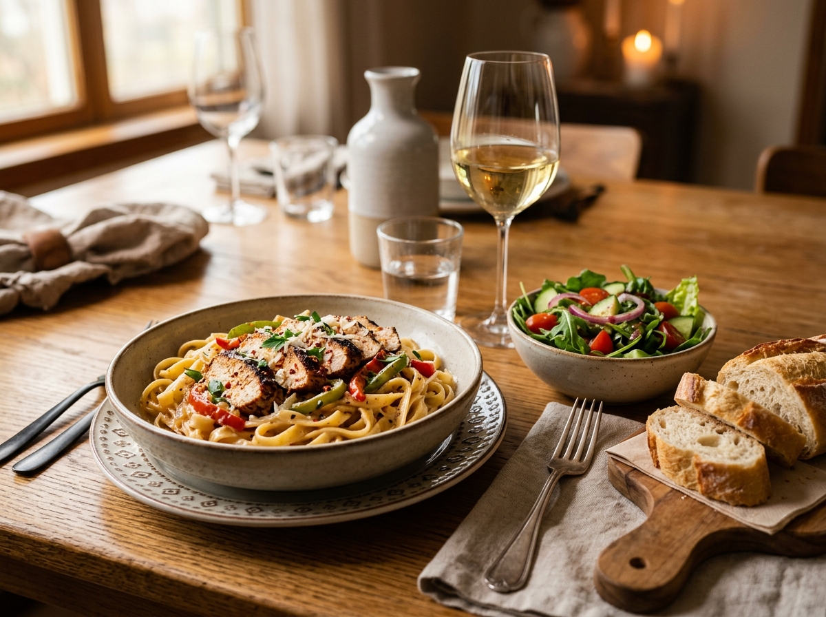 A plated bowl of Cajun chicken Alfredo garnished with parsley.