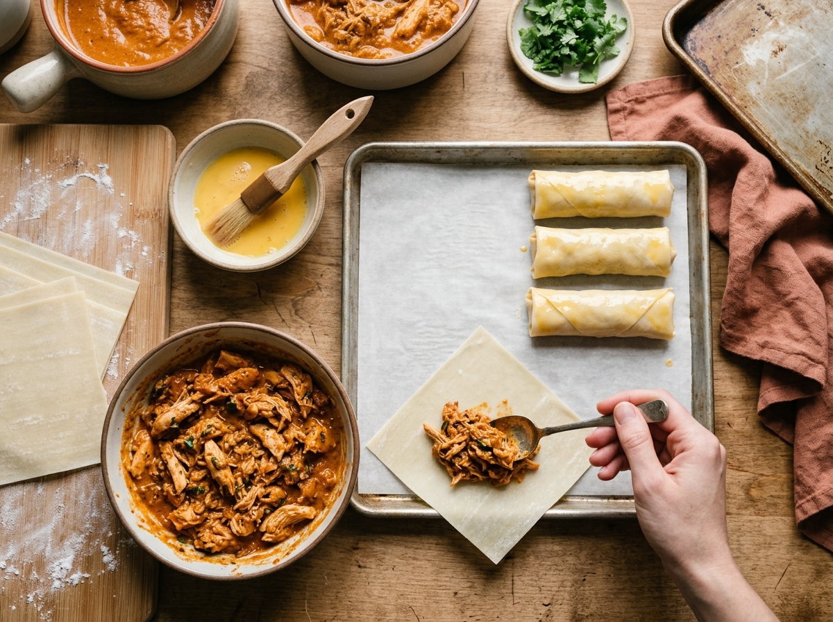 Golden fried eggrolls stacked on a plate with fresh cilantro.