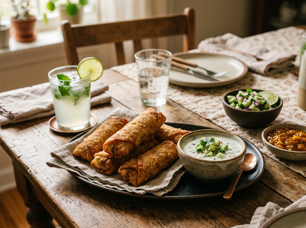 Fried eggrolls served with dipping sauces and lassi.