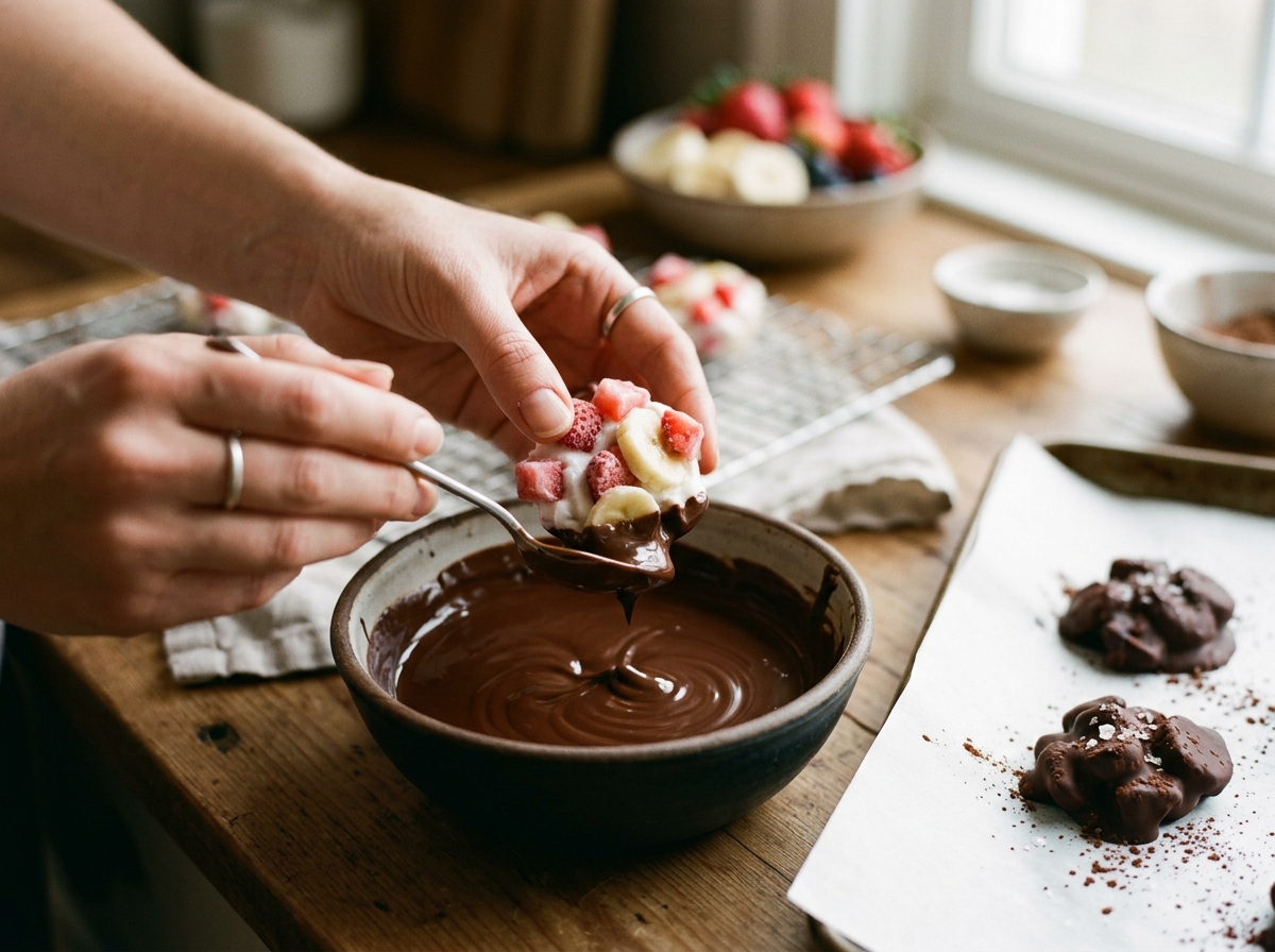 Hand dipping a frozen fruit cluster into melted dark chocolate.