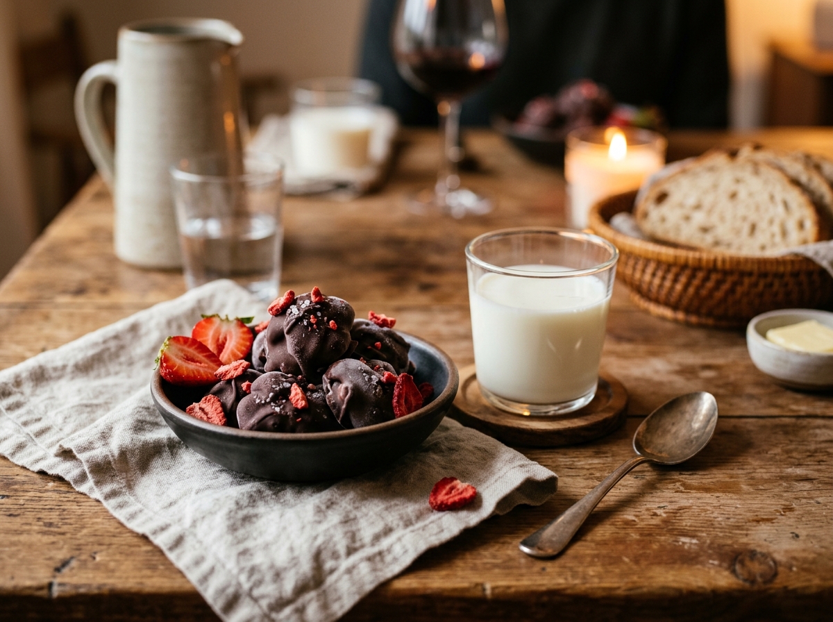 A plate of chocolate-coated clusters served with iced coffee.