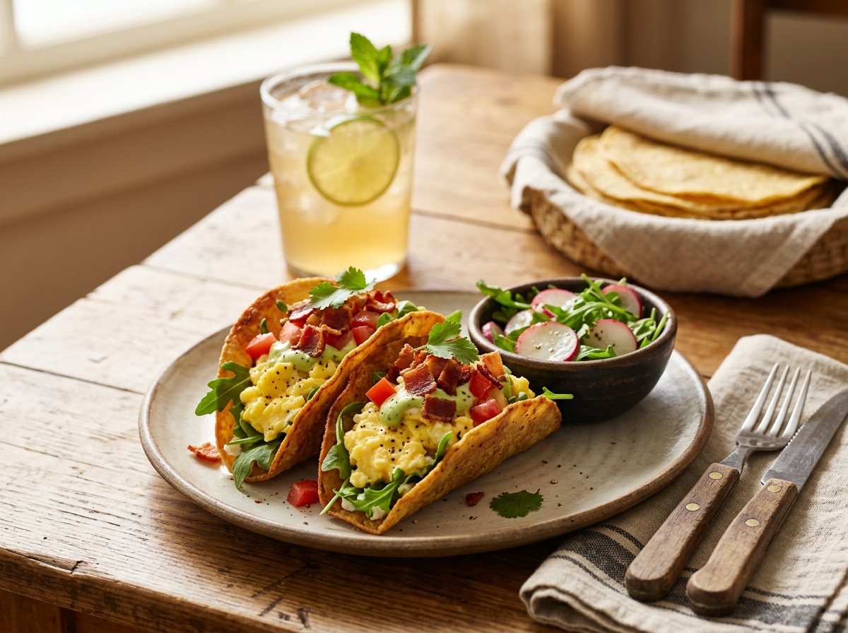 Finished taco topped with egg, arugula, tomato, and pickled onions.
