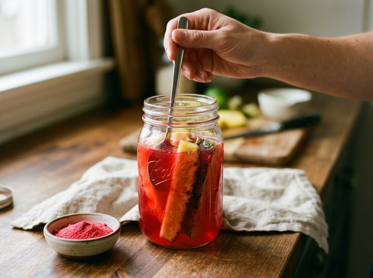 Hand stirring Kool-Aid mixture into pineapple juice in a pitcher.