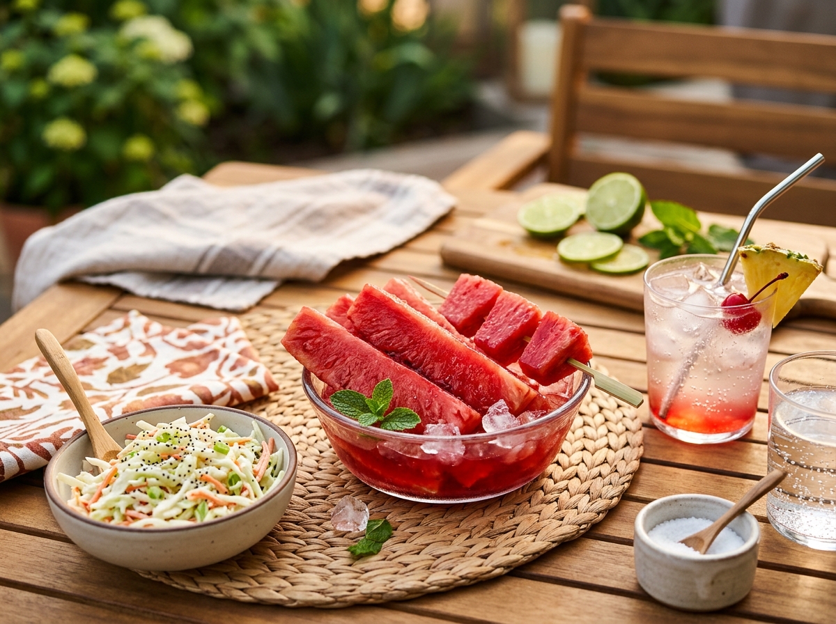Skewered pineapple spears arranged on a summer party platter.