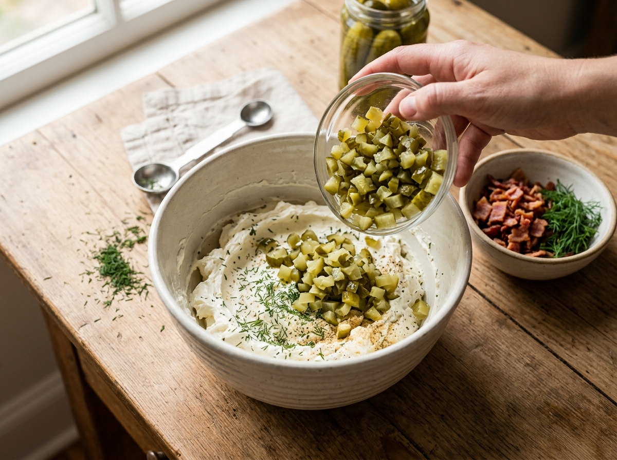 A glass jar filled with creamy pickle dip and crispy bacon bits.