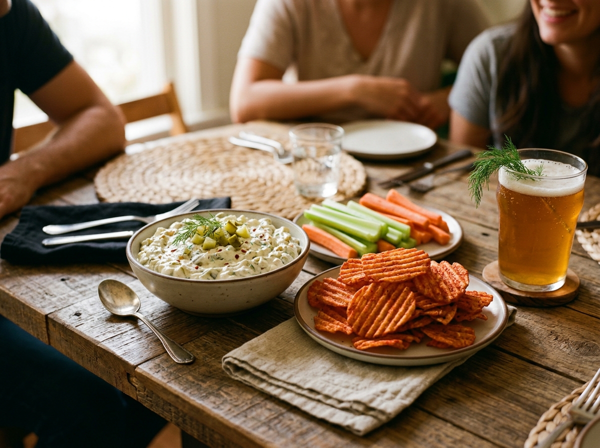 Chips arranged around a jar of pickle dip for serving.