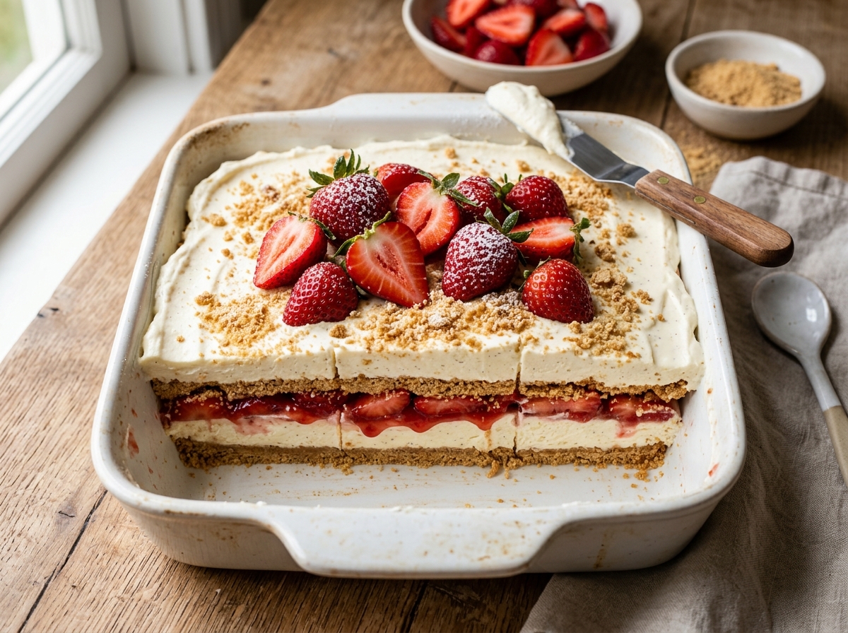 A clean slice of layered strawberry lasagna on a white plate.
