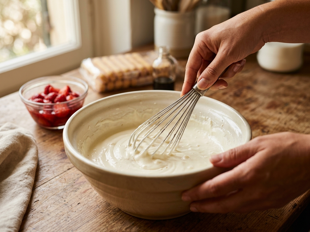 Folding fresh strawberries into pink gelatin filling in a mixing bowl.