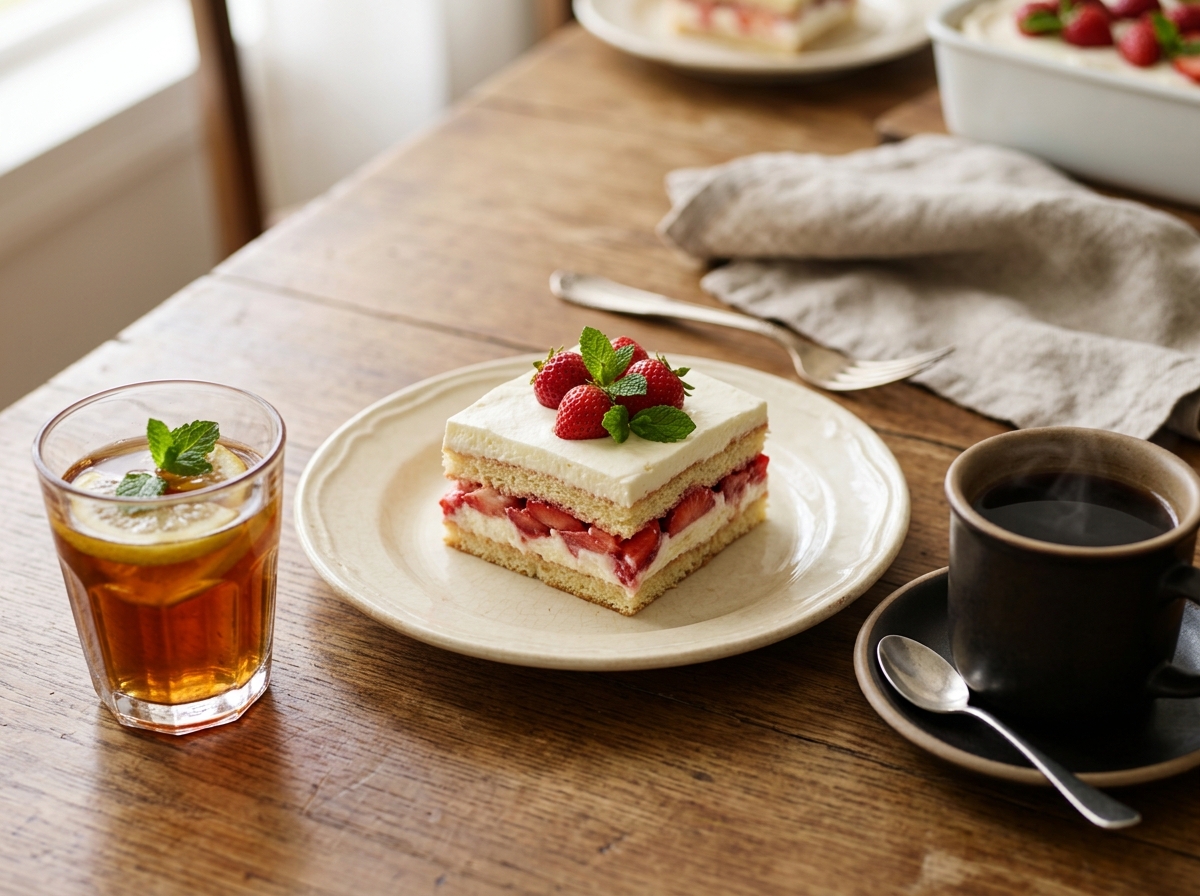 Individual strawberry lasagna servings layered in clear glass cups.