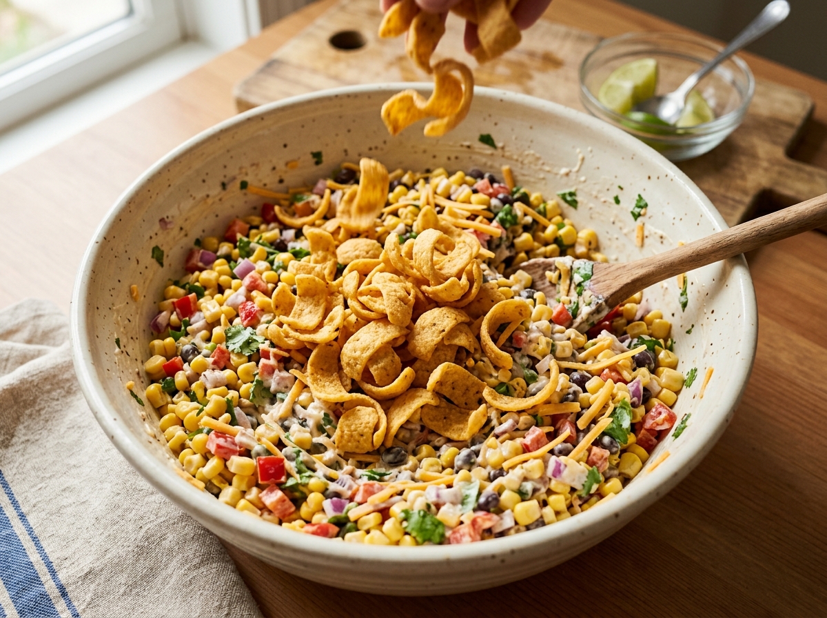 A bowl of creamy corn salad topped with crushed corn chips.