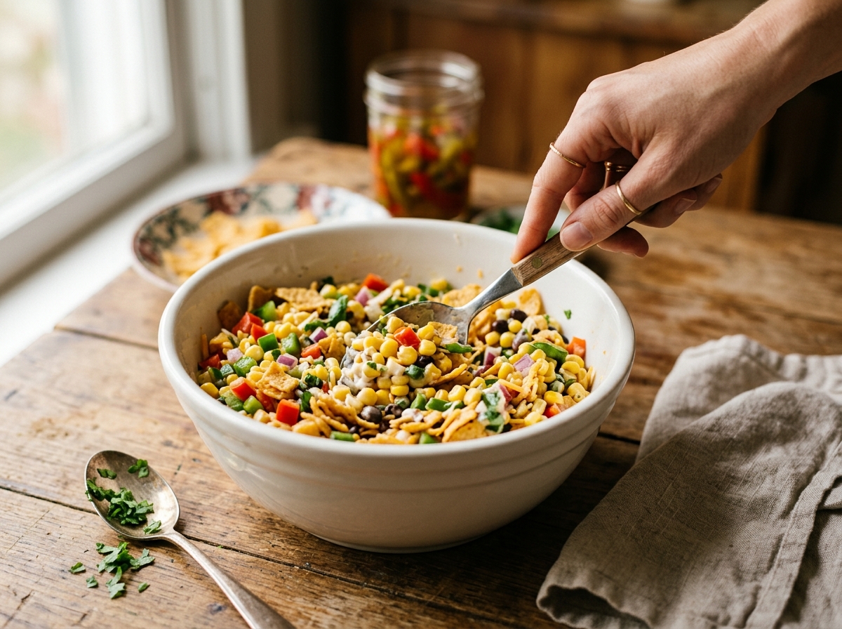 Crushed corn chips being folded into creamy corn salad.