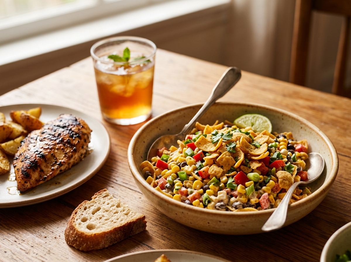 Frito corn salad served alongside grilled chicken and lime wedges.
