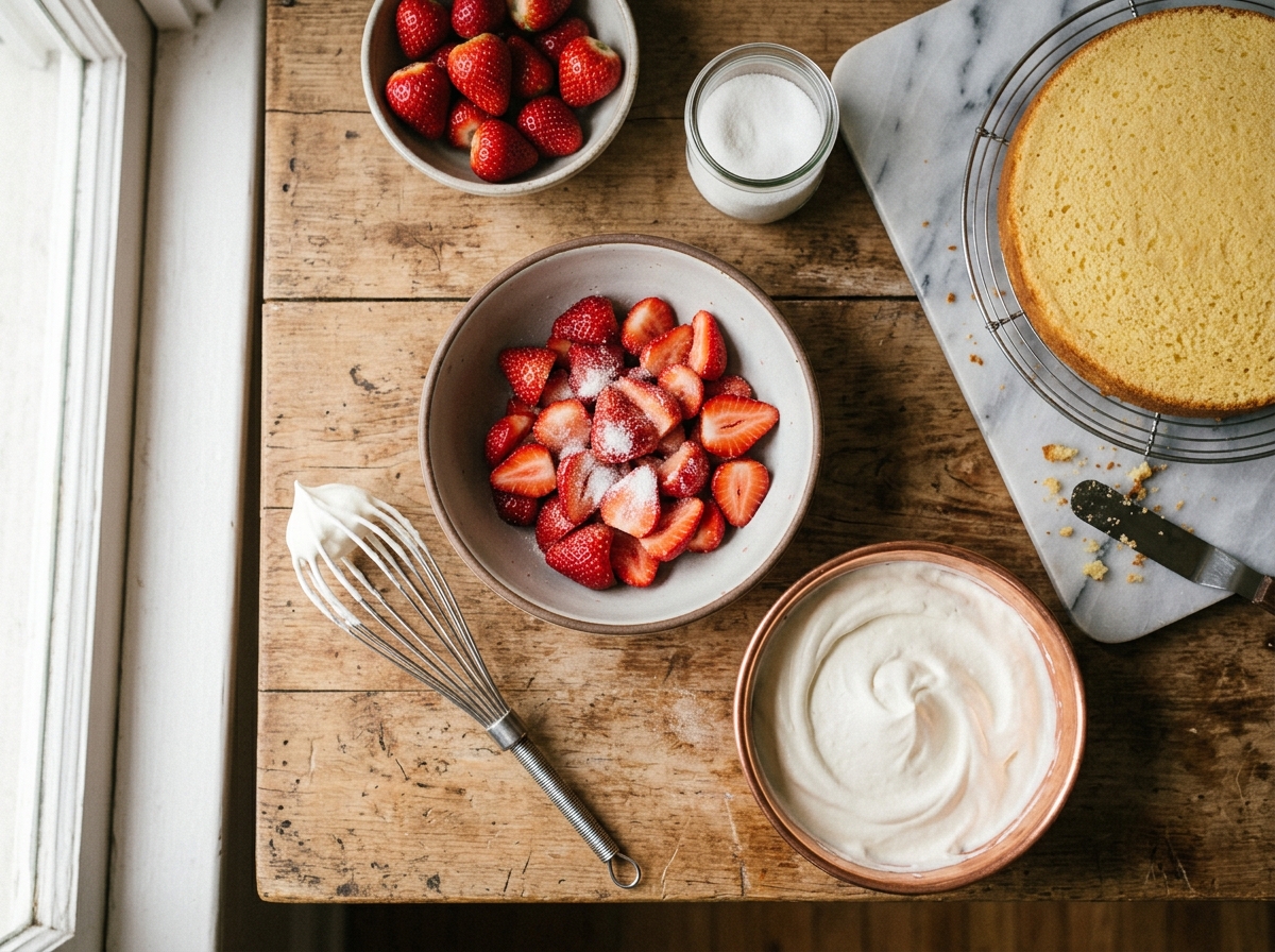 A whole Japanese strawberry shortcake topped with fresh berries.