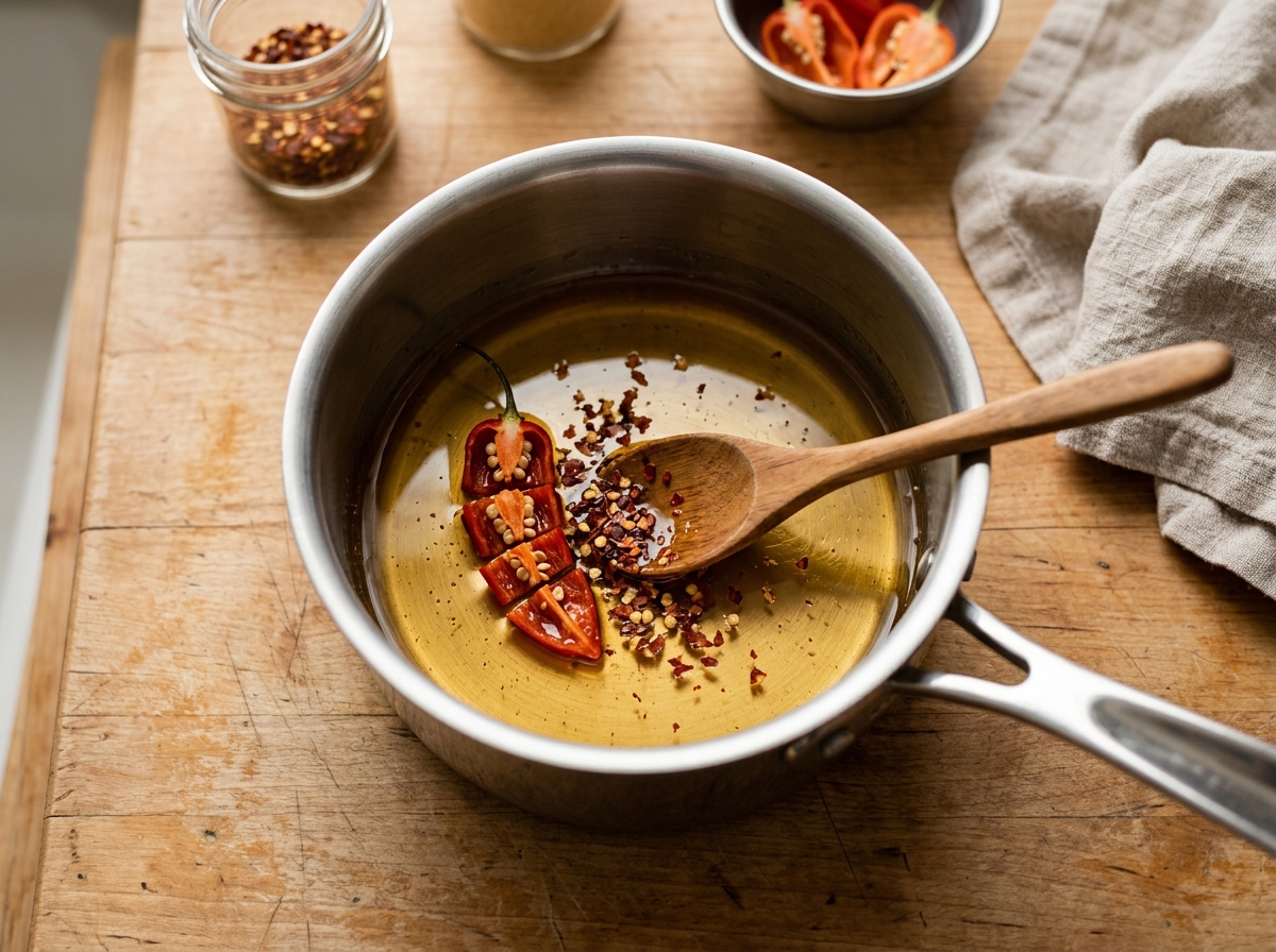 Golden honey infusing with red pepper flakes in a saucepan.