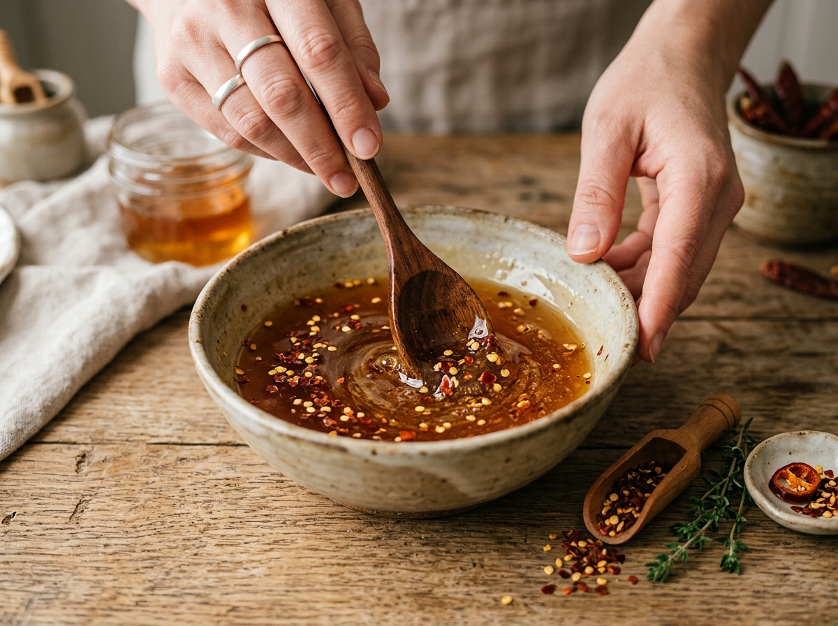 Straining infused honey through a fine mesh sieve into a jar.