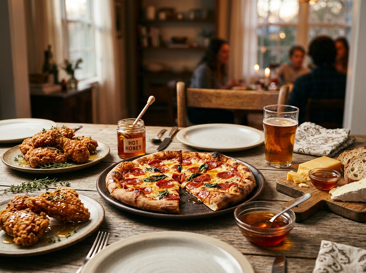 Hot honey drizzled over a slice of cheese pizza.