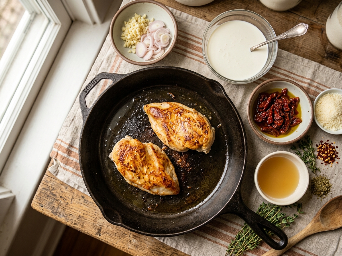 Golden seared chicken breasts resting before the sauce goes on.