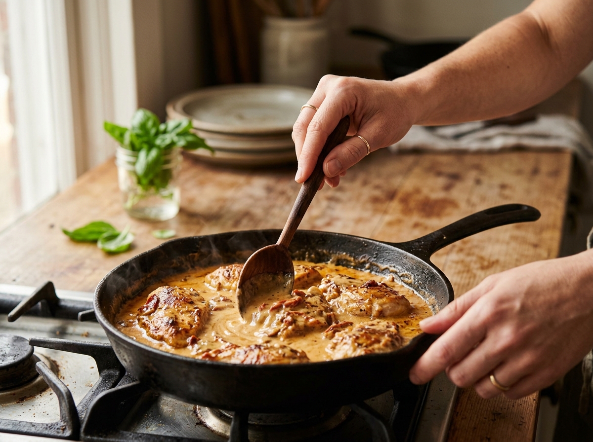 Creamy Parmesan sauce simmering with sun-dried tomatoes in the skillet.