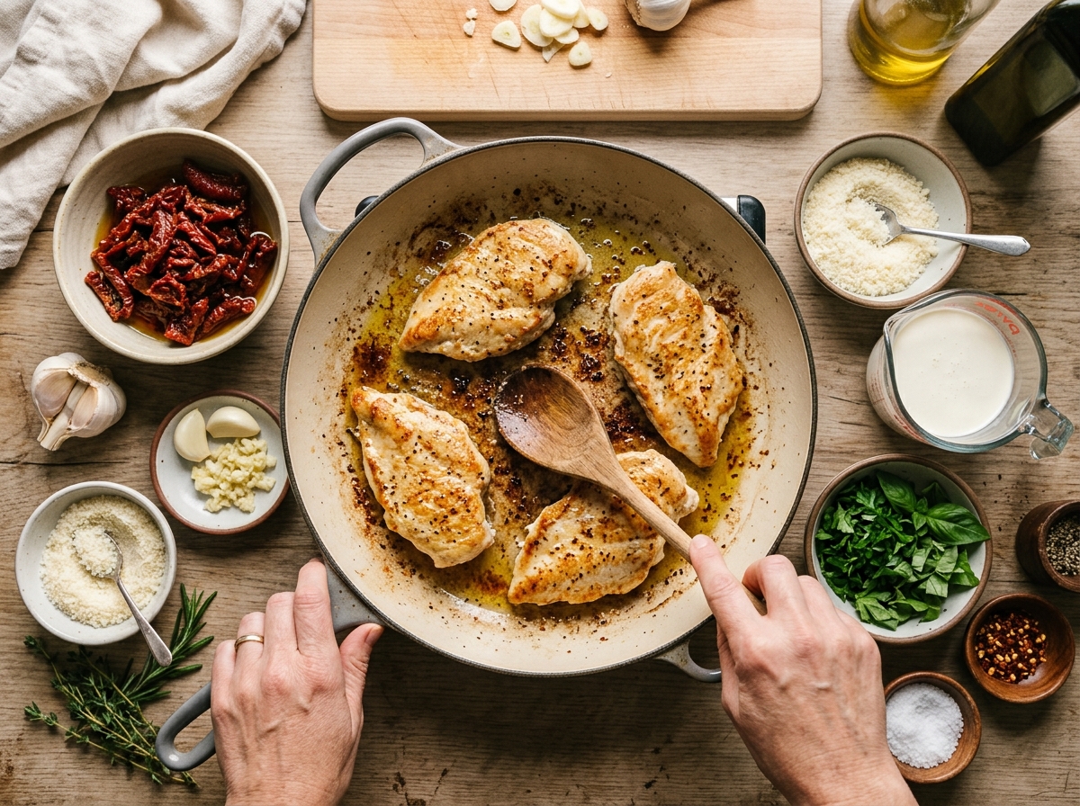 Golden chicken cutlets simmering in creamy tomato sauce in a skillet