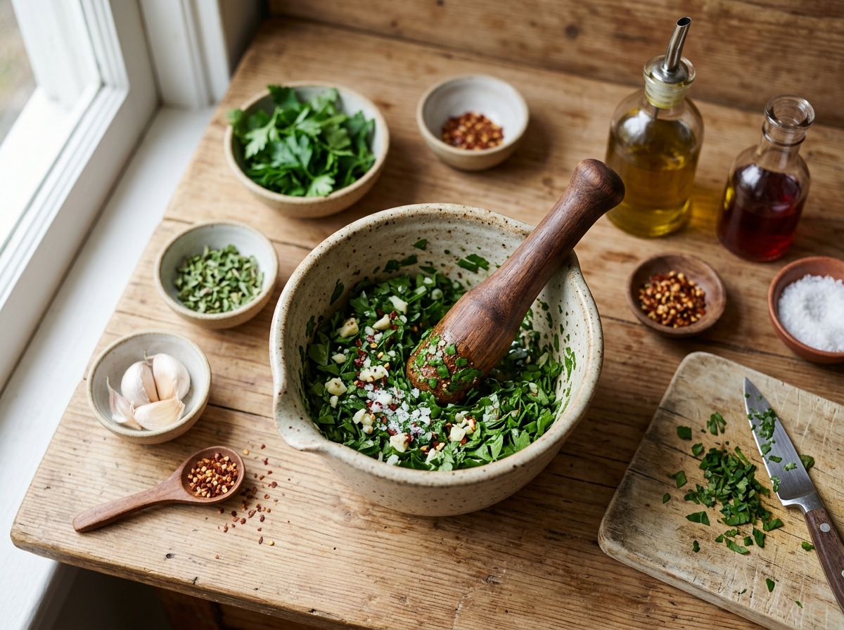 A bowl of fresh green chimichurri sauce with parsley flecks