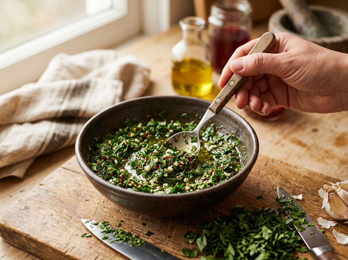 Finely chopped parsley and minced garlic on a wooden board