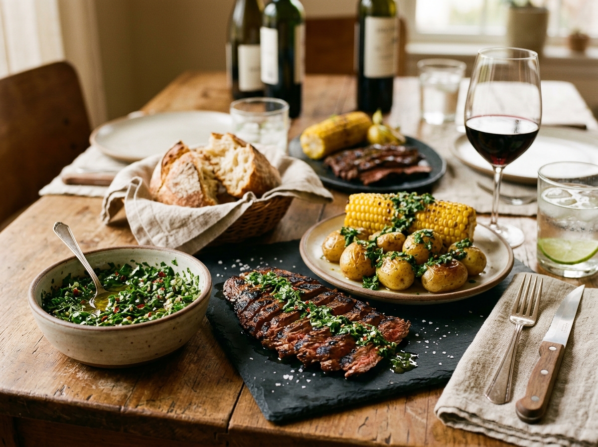 Chimichurri sauce drizzled over grilled vegetables on a plate