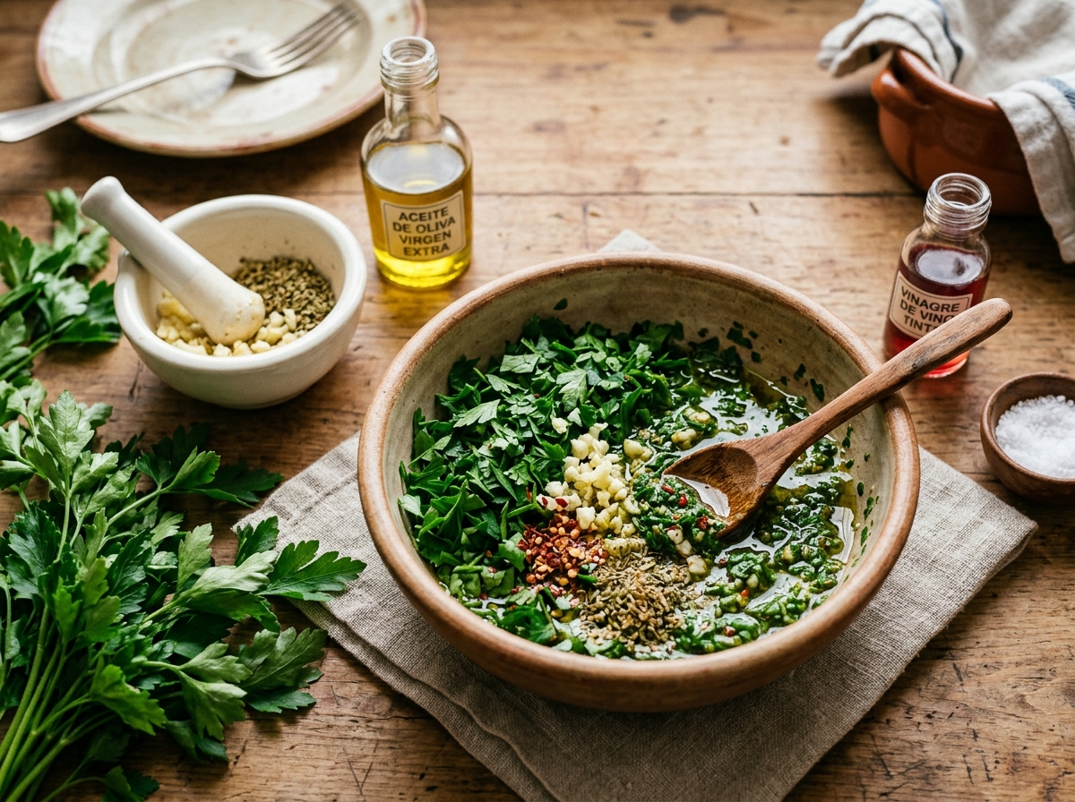 Fresh parsley, garlic, and chili ready for chopping.