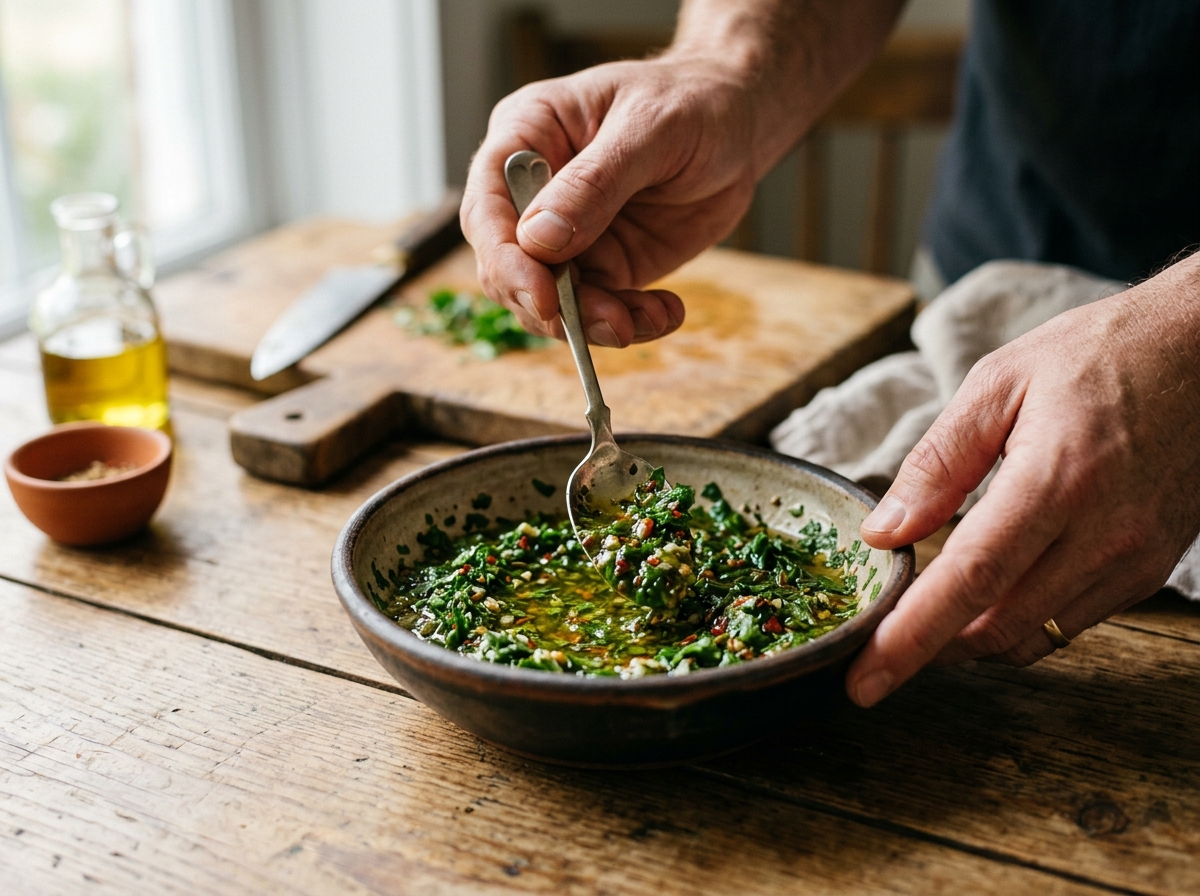 Chimichurri sauce being spooned over grilled steak.