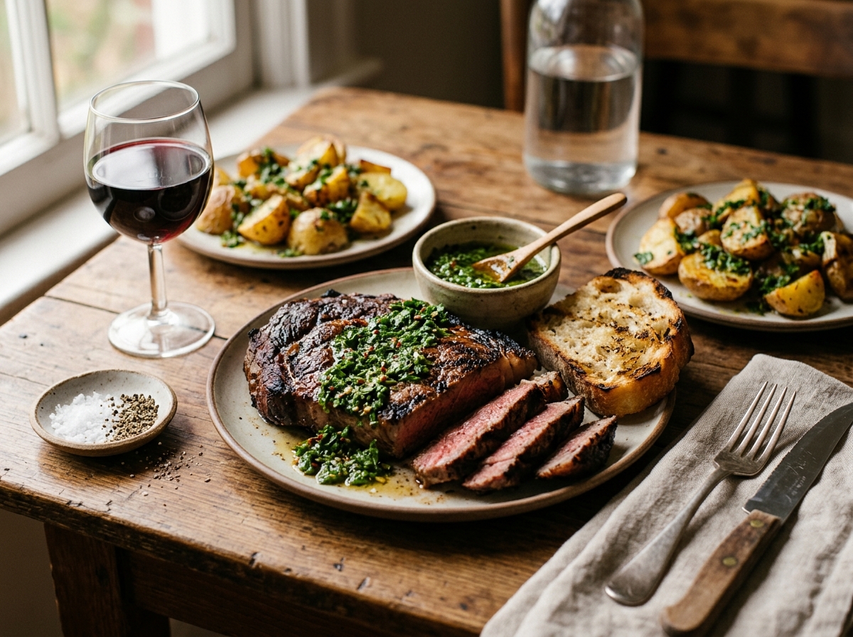 A rustic table set with grilled meats and chimichurri.