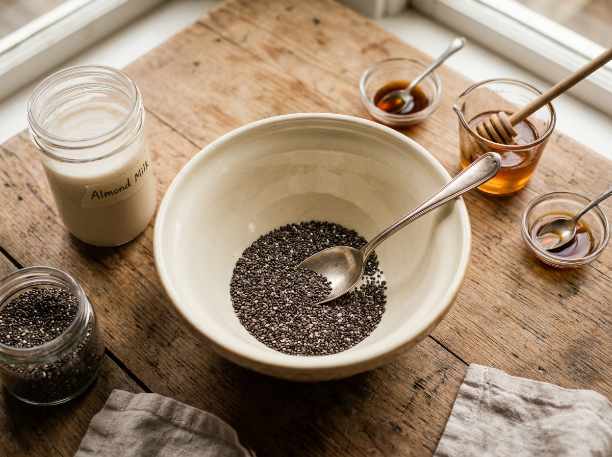 Overnight chia pudding setting in a glass mason jar