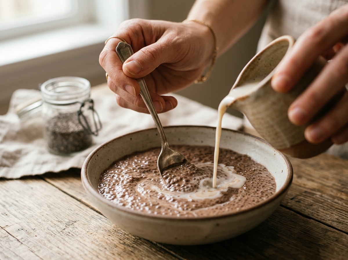 Whisking chia seeds and milk together in a bowl