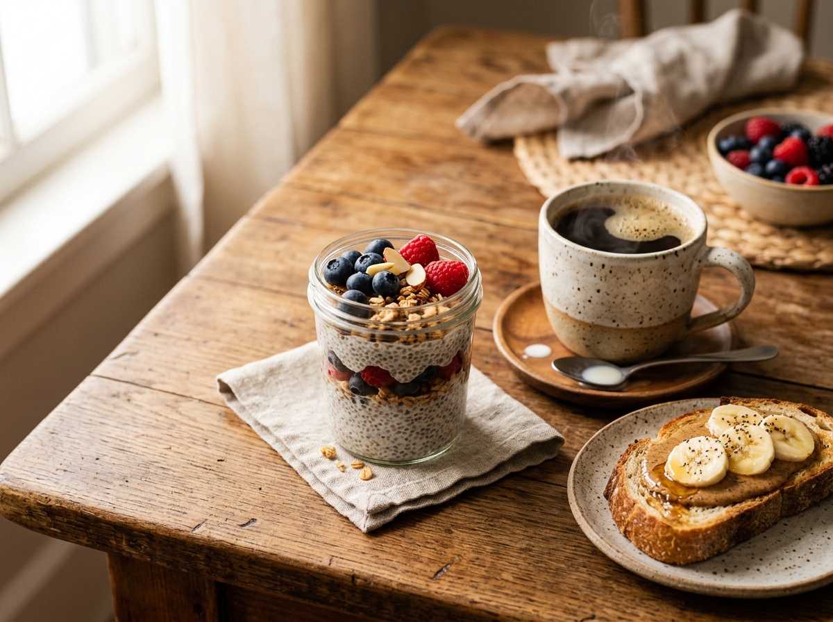 Chia pudding topped with fresh berries and granola