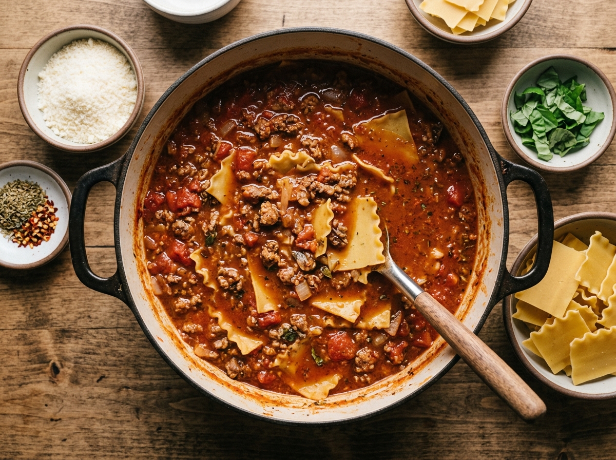 Steaming bowl of lasagna soup topped with a cheese dollop